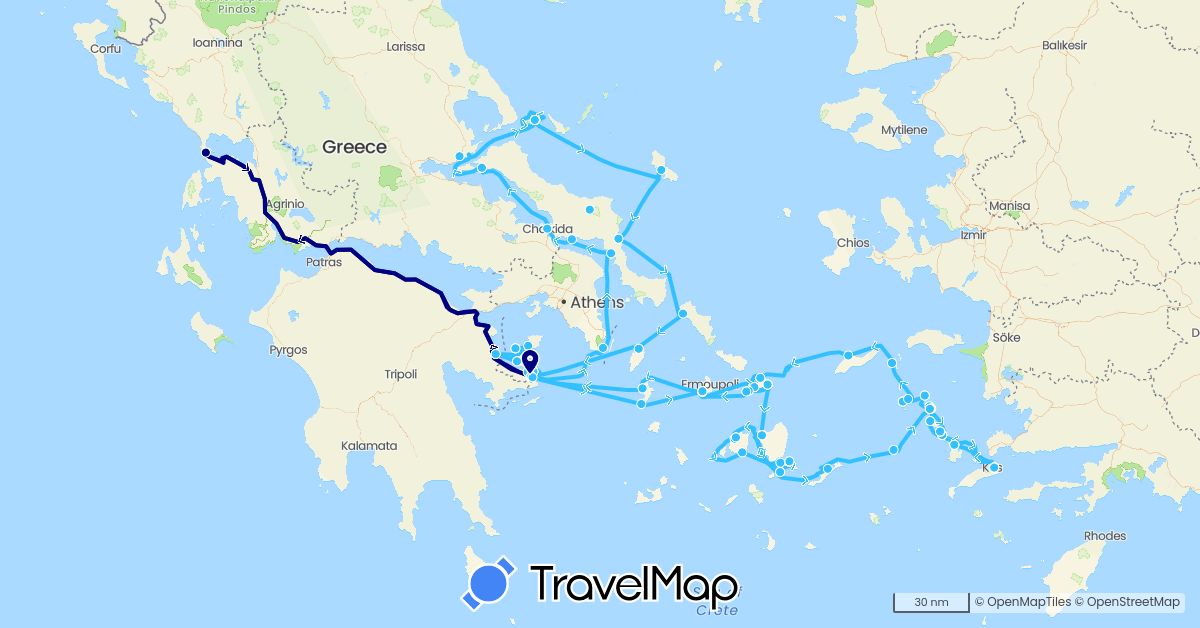 TravelMap itinerary: driving, hiking, boat in Greece (Europe)