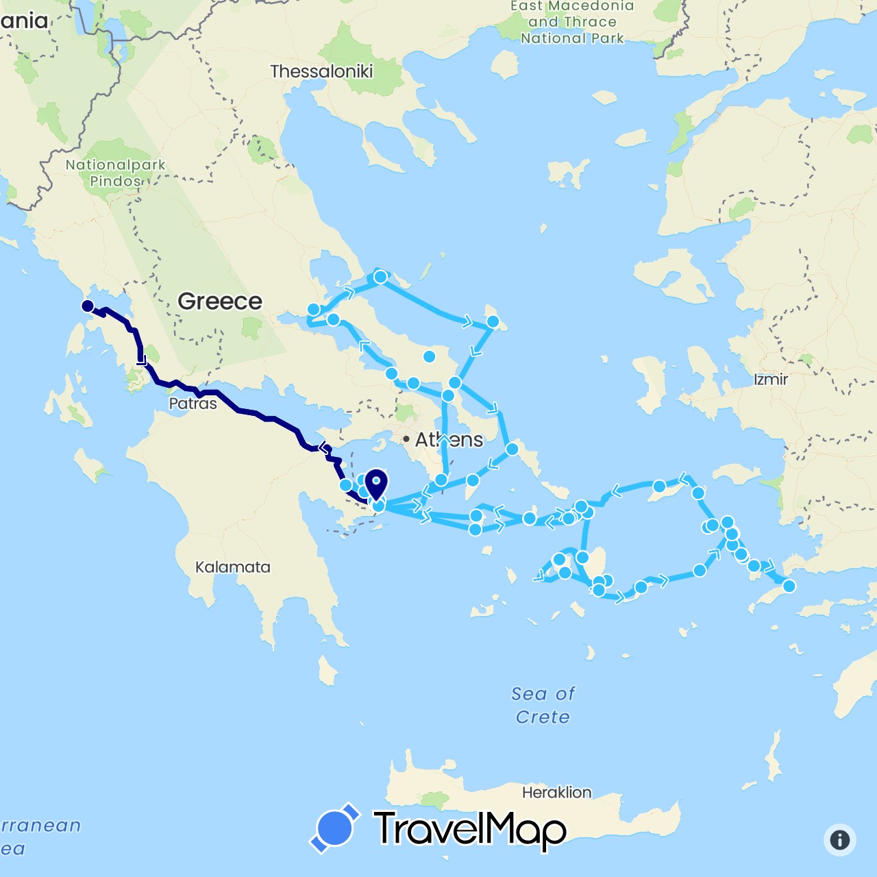 TravelMap itinerary: driving, hiking, boat in Greece (Europe)