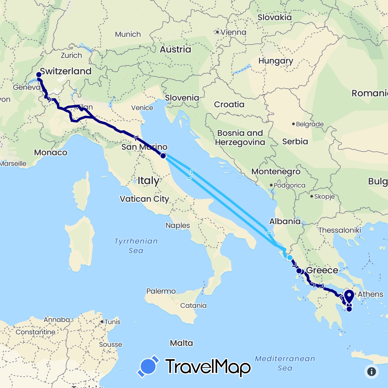 TravelMap itinerary: driving, boat in Switzerland, Greece, Italy (Europe)