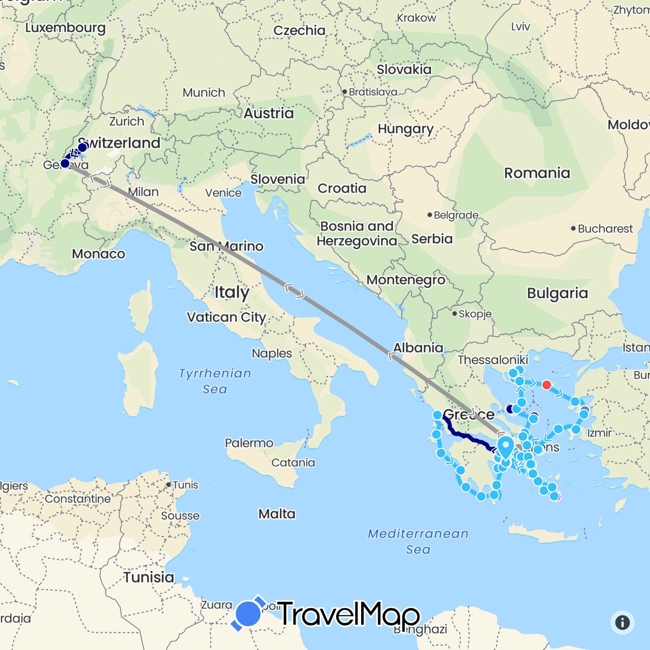 TravelMap itinerary: driving, bus, plane, cycling, train, hiking, boat in Switzerland, Greece (Europe)