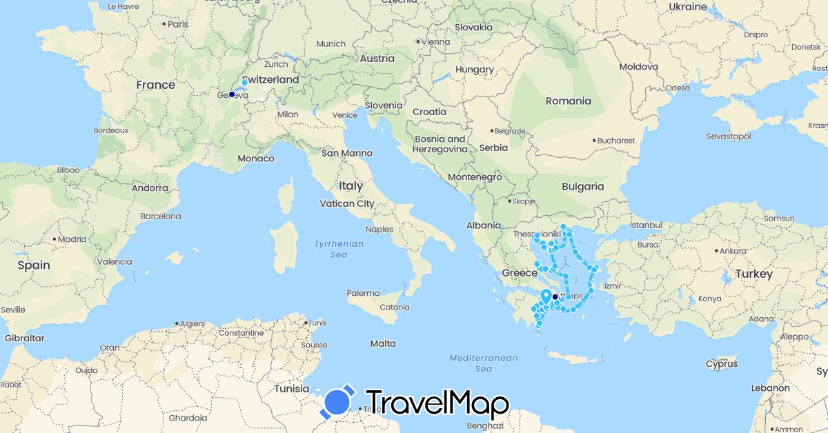 TravelMap itinerary: driving, plane, train, boat in Switzerland, Greece (Europe)