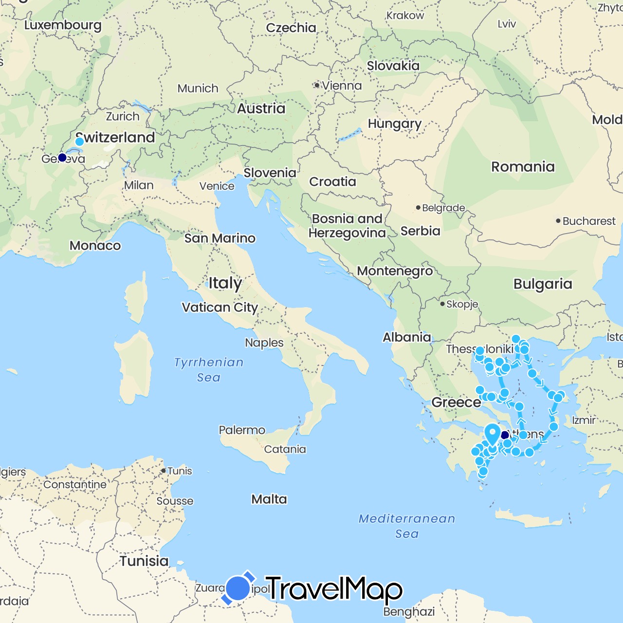 TravelMap itinerary: driving, plane, train, boat in Switzerland, Greece (Europe)