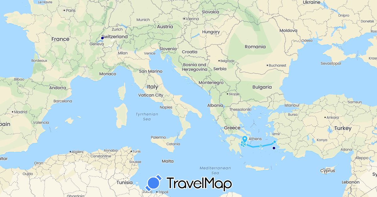 TravelMap itinerary: driving, plane, boat in Switzerland, Greece (Europe)