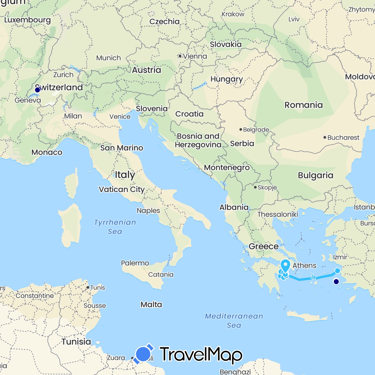 TravelMap itinerary: driving, plane, boat in Switzerland, Greece (Europe)