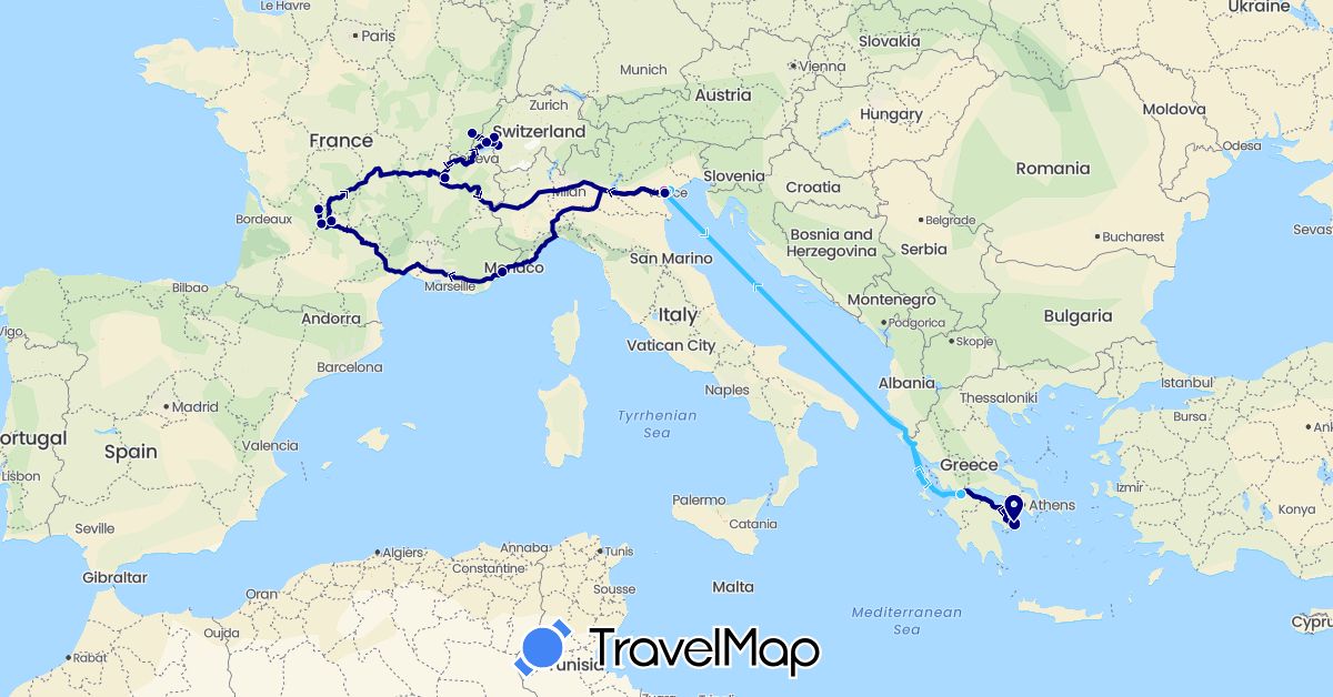 TravelMap itinerary: driving, train, boat in Switzerland, France, Greece, Italy (Europe)