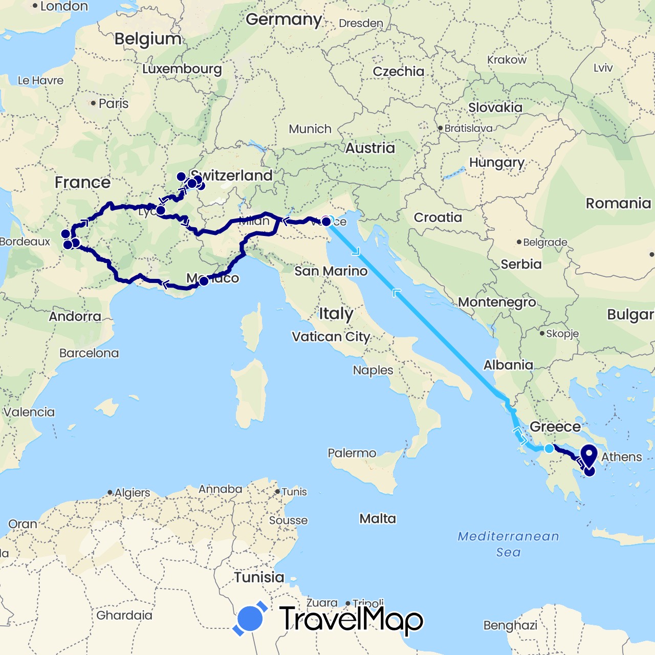 TravelMap itinerary: driving, train, boat in Switzerland, France, Greece, Italy (Europe)