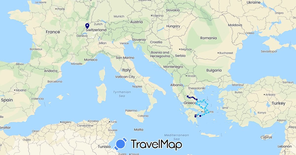 TravelMap itinerary: driving, boat in Switzerland, Greece (Europe)